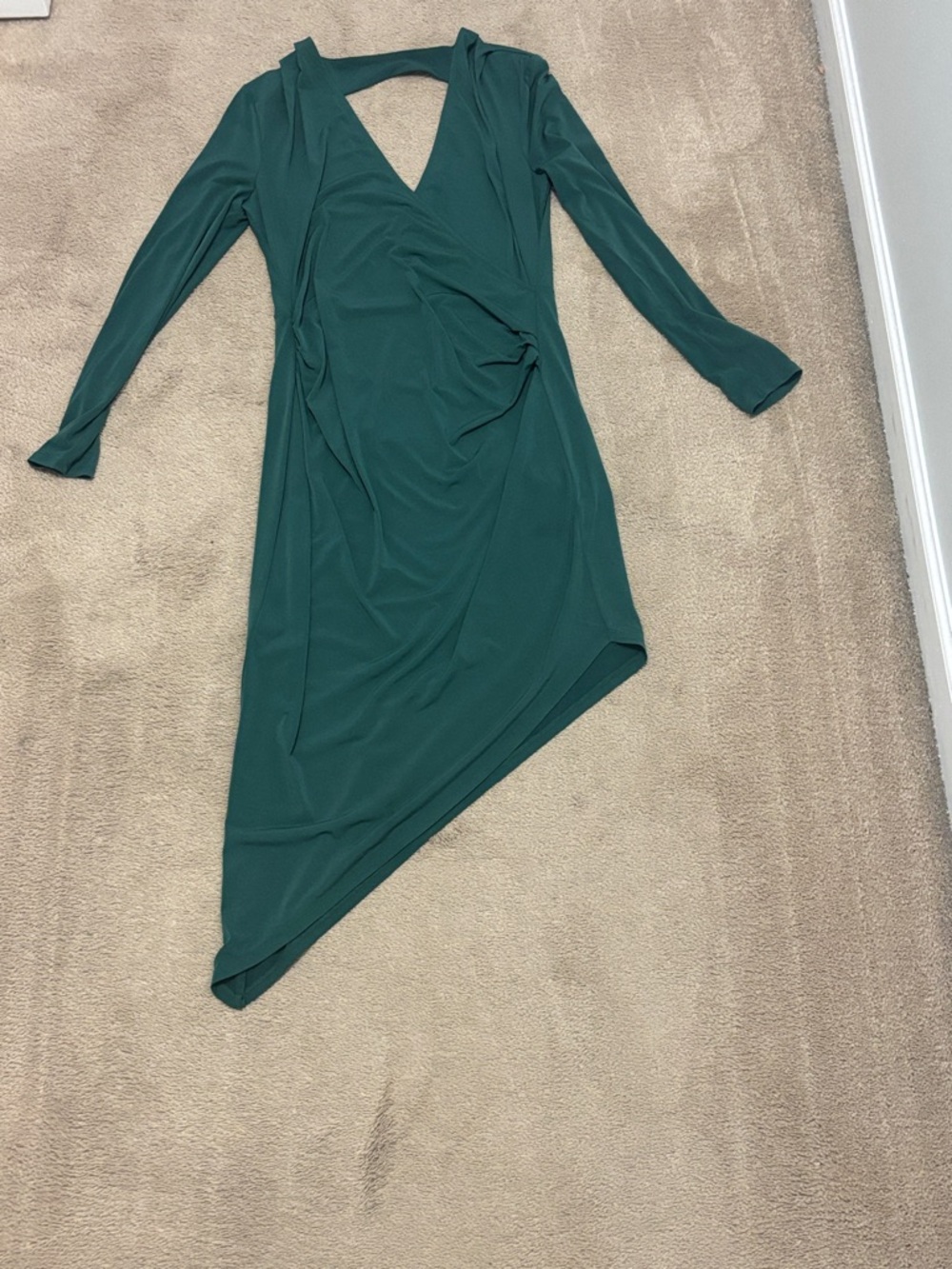 bebe Dark Green Asymmetrical V-Neck Dress